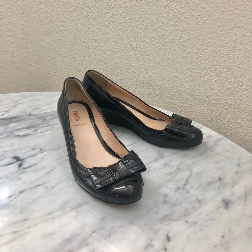Fendi Bowtie Wedge Heel Patent Black Size 7